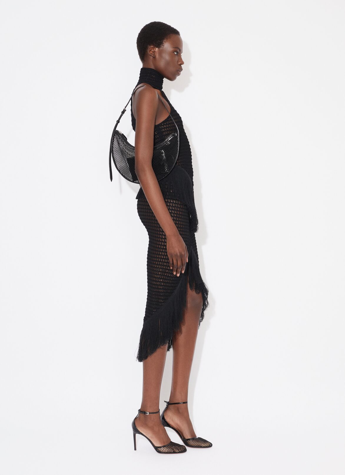 FRINGED BODYCON CROCHET SKIRT ALAÏA BLACK FRINGED BODYCON CROCHET SKIRT
